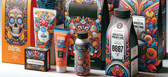 assortment of packages like tubes, bottles, bags and boxes with digitally printed designs