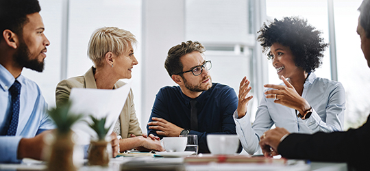 A group of diverse professionals meeting around a table.