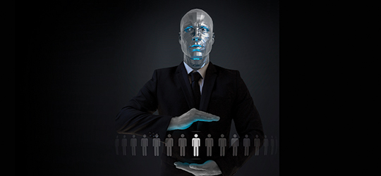 silver robot man holding icons of men in between hands