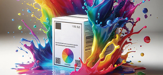 white box package with color wheel, qr codes and other text printed on it. the box looks like it is in a rainbow puddle, with the colors splashing up all around it