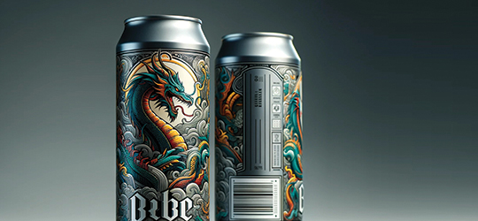 drink cans with a digital printed dragon on the front, industrial printing, functional printing