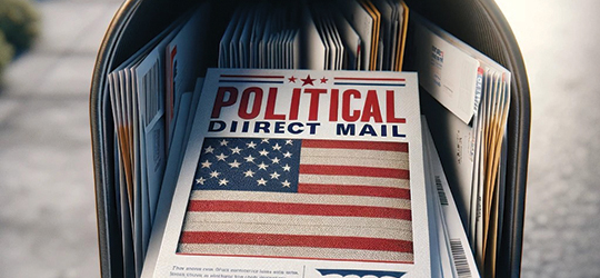 large envelopes in mailbox, with one facing camera with american flag on it and words "political direct mail" on front