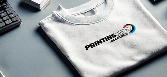 a folded t-shirt with the printing united alliance logo a sits on a desk