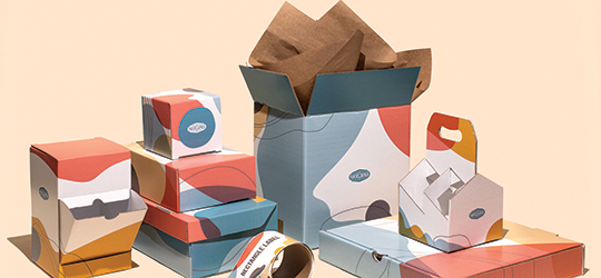 several different types of corrugated packaging, including drink holders and standard boxes