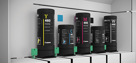 one-liter bottles of CMYK and white inks for the Canon Colorado M-series