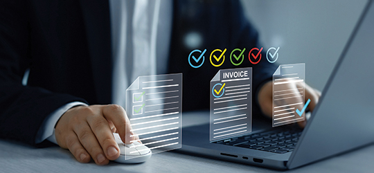 businessperson using a computer, with floating graphic of an invoice in front of the computer