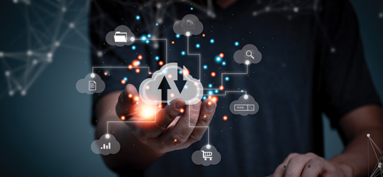 Creative Image of a man's hand touching a glowing and floating chart of converging workflow systems