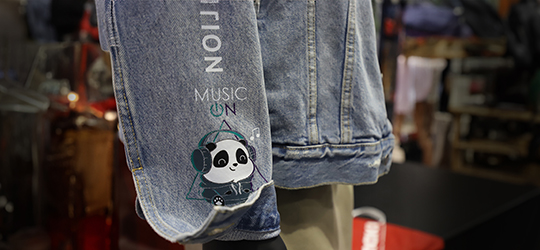 panda wearing headphones printed onto denim using direct-to-film technology