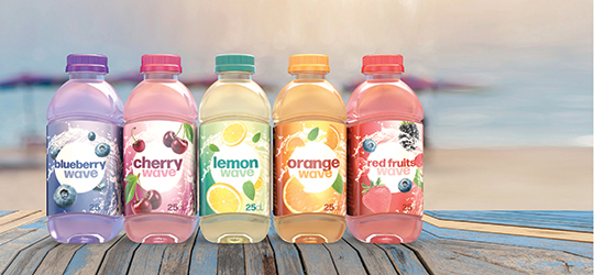 a row of flavored drinks in different colors and flavors