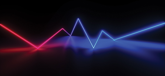 a jagged laser line that is red on one half and turns blue halfway across the image