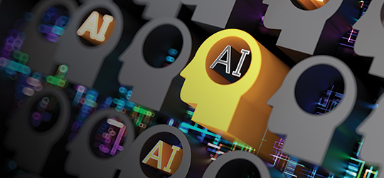 side profile of a gold head with "AI" where the brain would be. the gold head profile is surrounded by gray head profiles