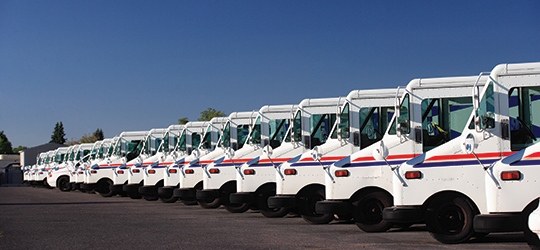 a fleet of USPS mail trucks sit in a row