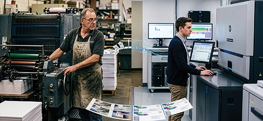 two press operators, one young working on a digital press, and one old working on a conventional press