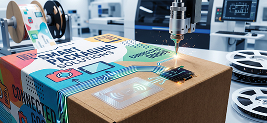 a corrugated cardboard box with a printed electronic component