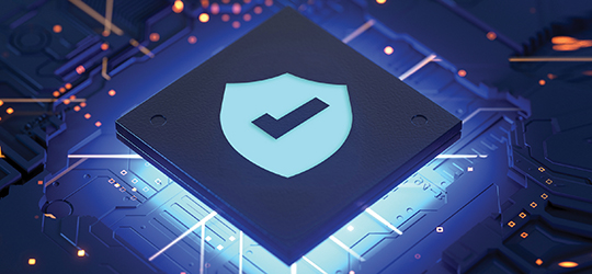 digital technology pieces with a shield and checkmark in the middle