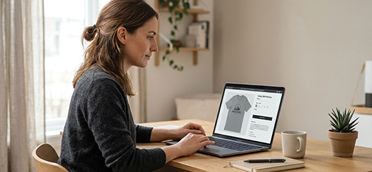 a woman orders a t-shirt on her laptop