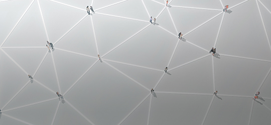 a bird's eye view of people talking together across a connected network