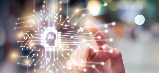 a finger is poised to tap on a hologram depicting artificial intelligence