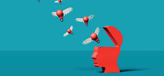 lightbulbs with wings fly out of a head