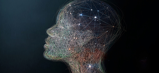 profile of a human head shaped by interconnected lines of light