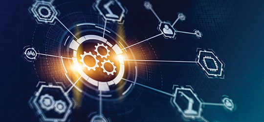 icon of gears in center of a circle with spokes going outward, representing technology