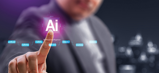 a person tapping a holographic box that says AI