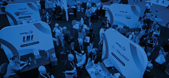 booths at printing united expo 2025 in monochrome blue
