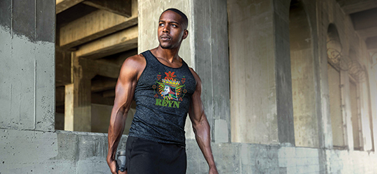 man wearing a muscle tank with a dtf-printed design